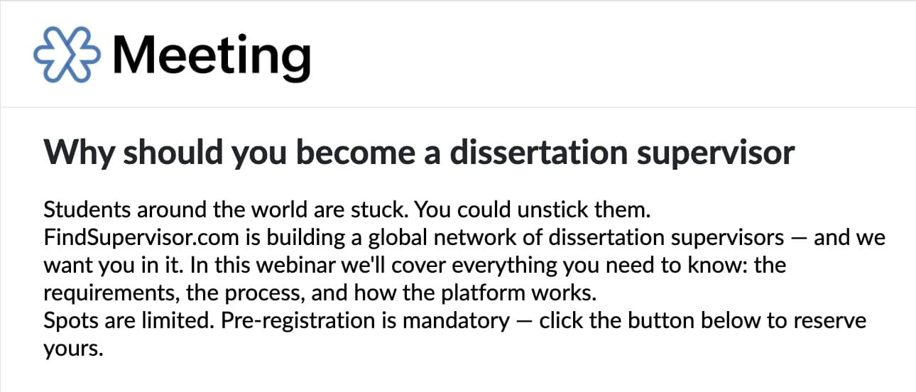 Invitation to join webinar on why you should become a freelance dissertation supervisor at findsupervisor.com